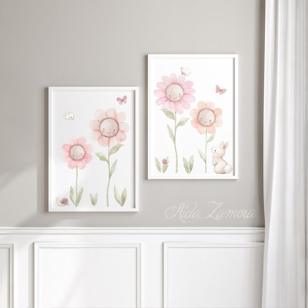 Conjunto de dos láminas infantiles Flores Rosas con marco