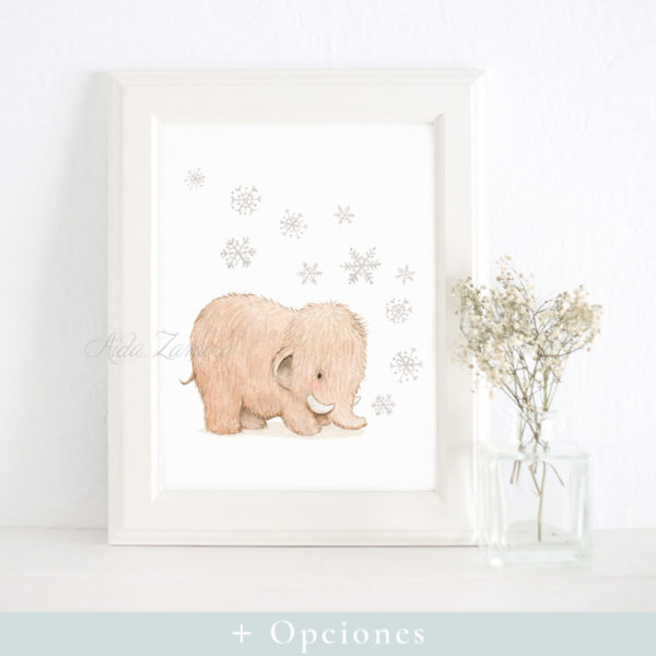 Cuadro infantil Pequeño Mamut con Copos - 3 Colores