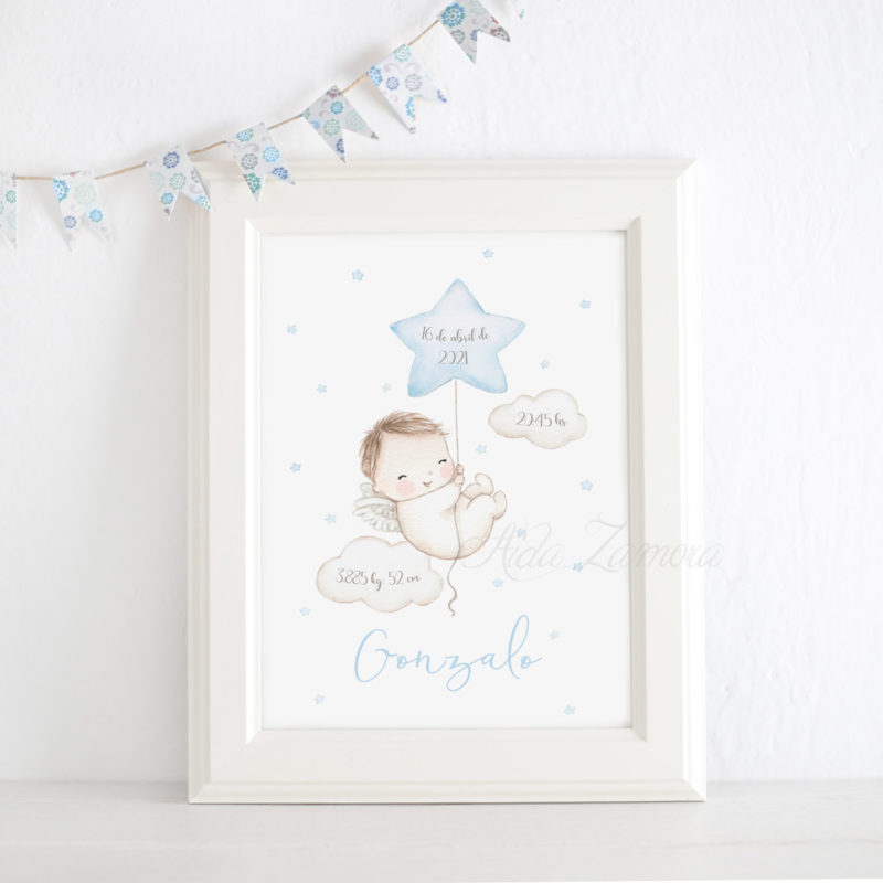 Lámina infantil Angelito azul con marco
