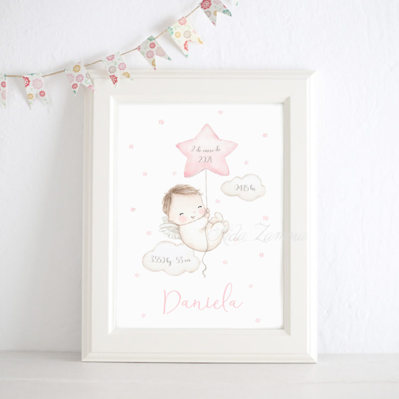 Lámina infantil Angelito rosa con marco