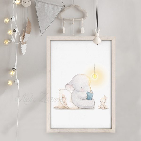 Lámina infantil Elefante Leyendo