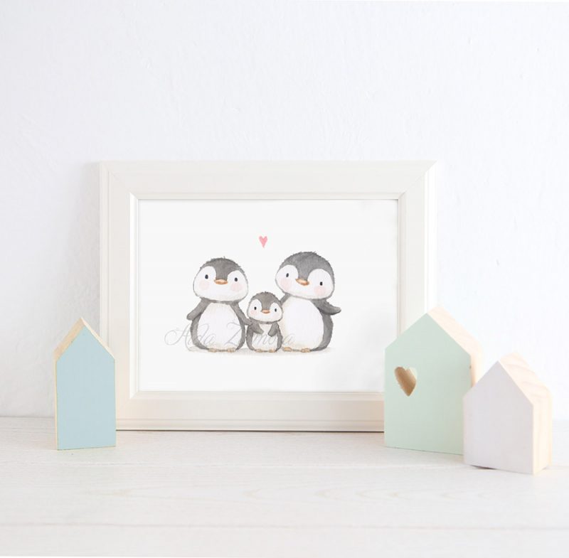 Lámina infantil Familia de 3 Pingüinos con marco