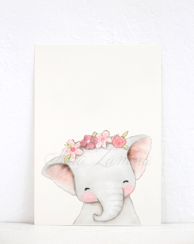 Lámina infantil Retrato Elefante con Flores