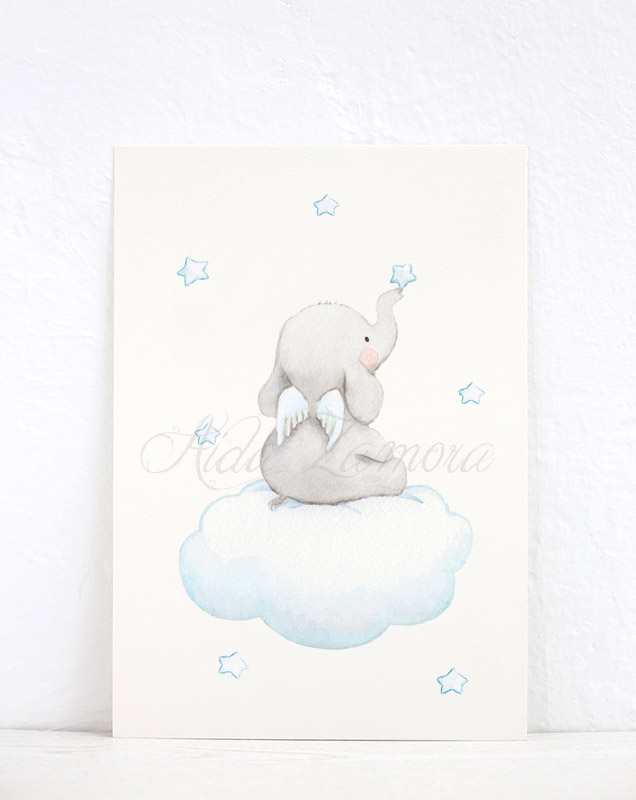 Lámina infantil Elefante con Alas Nube Azul