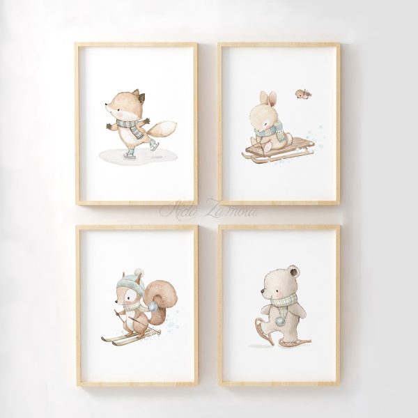 Set de cuatro láminas infantiles Invierno en la Montaña