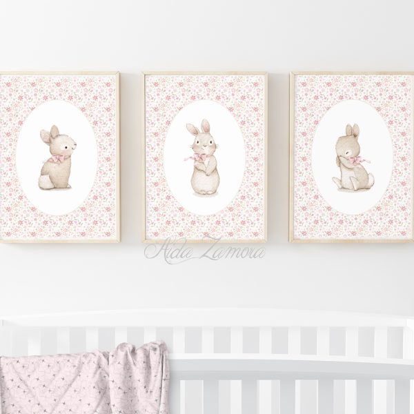 Set de tres láminas infantiles Conejitos Floral