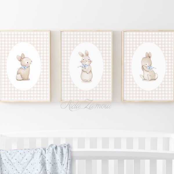 Set de tres láminas infantiles Conejitos Vichy Azul