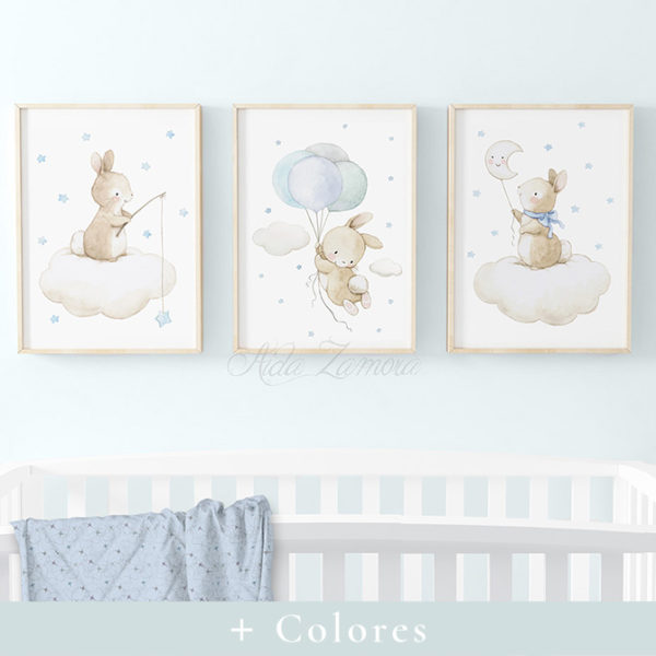 Set de tres láminas infantiles Conejitos Adorables Azul