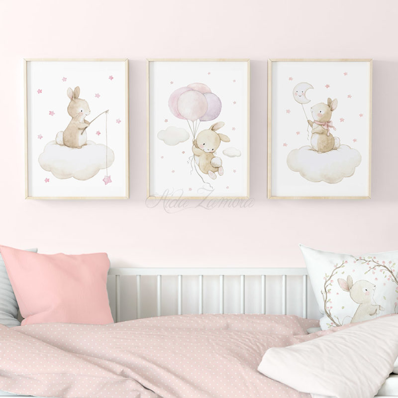 Set de tres láminas infantiles Conejitos Adorables Rosa