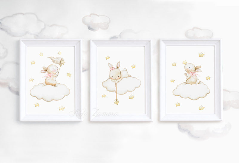 Set de tres láminas infantiles Conejitos pescando Estrellas con lazo