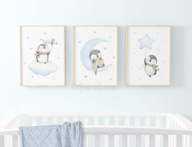 Set de tres láminas infantiles Pingüinos en las Nubes Azul