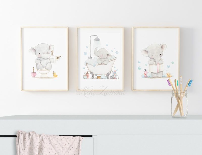 Set de tres láminas infantiles Un Elefante en mi Baño Niña