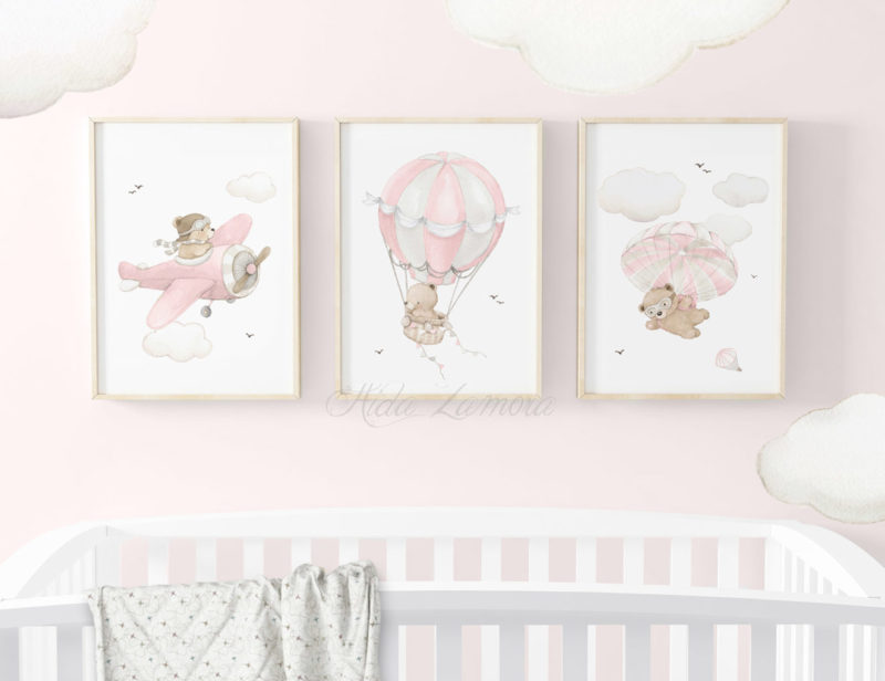 Set de tres láminas infantiles Osos en el Aire Rosa